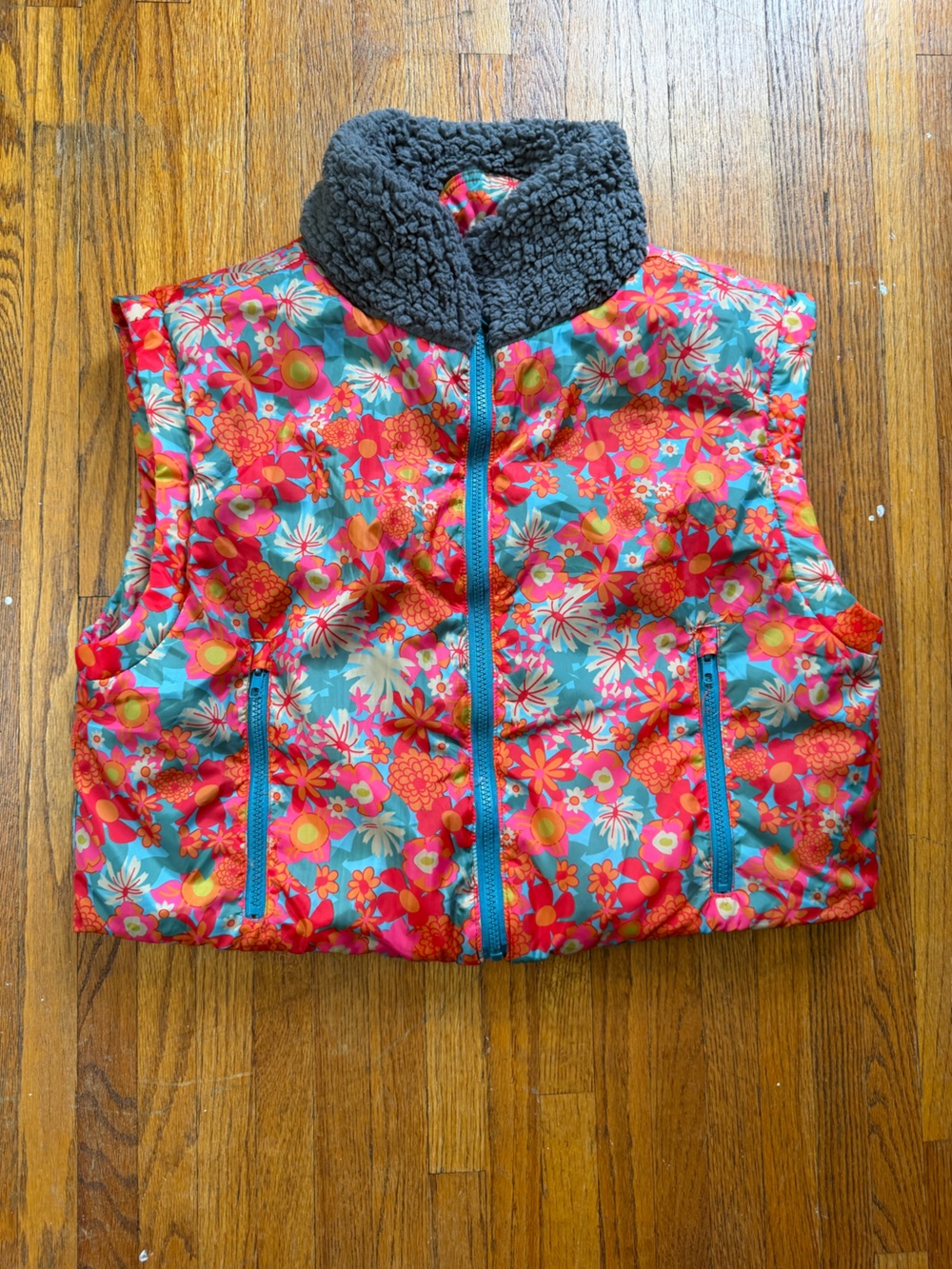 NATURAL LIFE Girls Floral Puffer Vest with Sherpa Collar - Pink & Teal & Gray